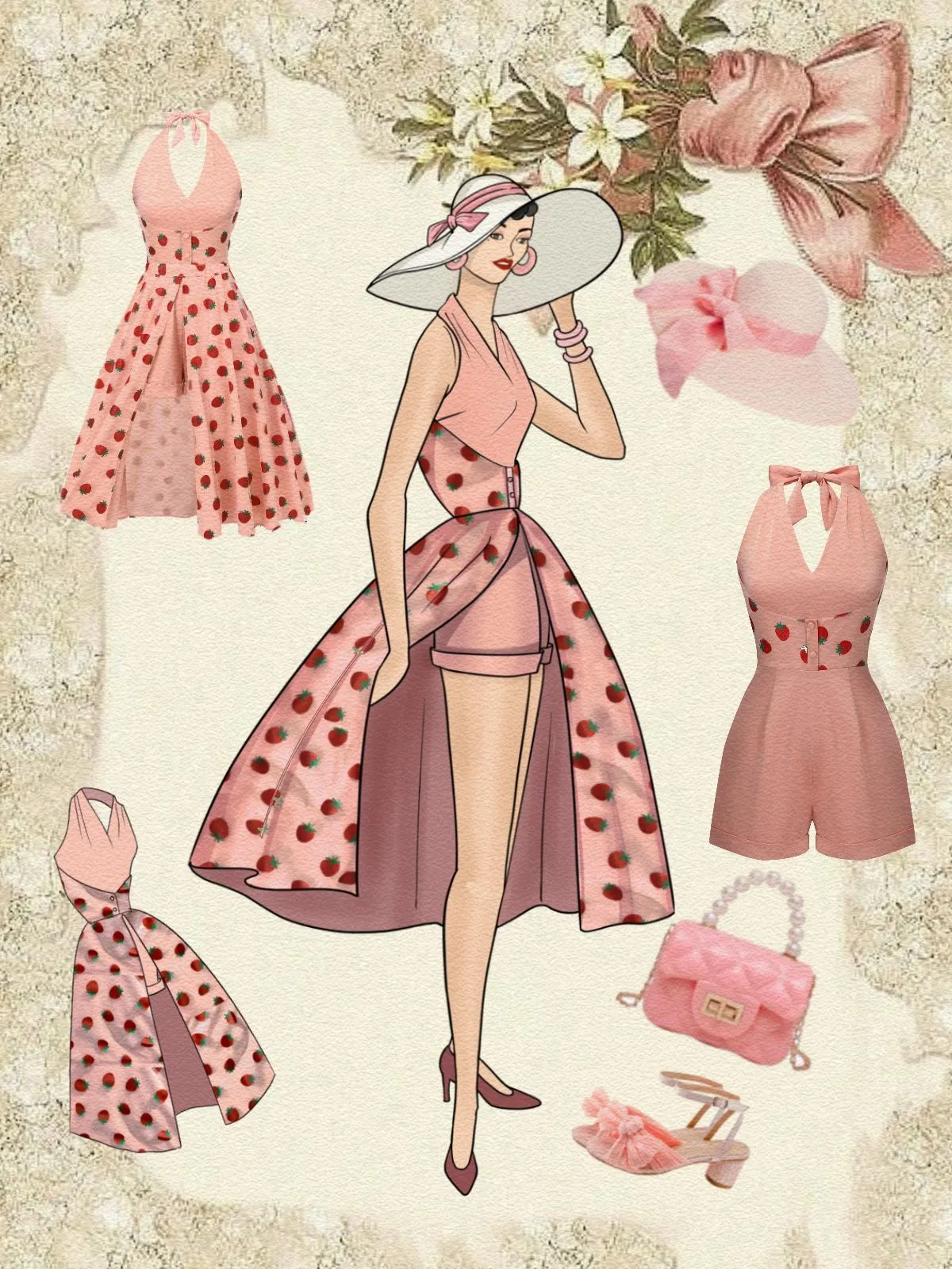 2PCS Pink 1950s Halter Strawberry Romper & Umbrella Skirt