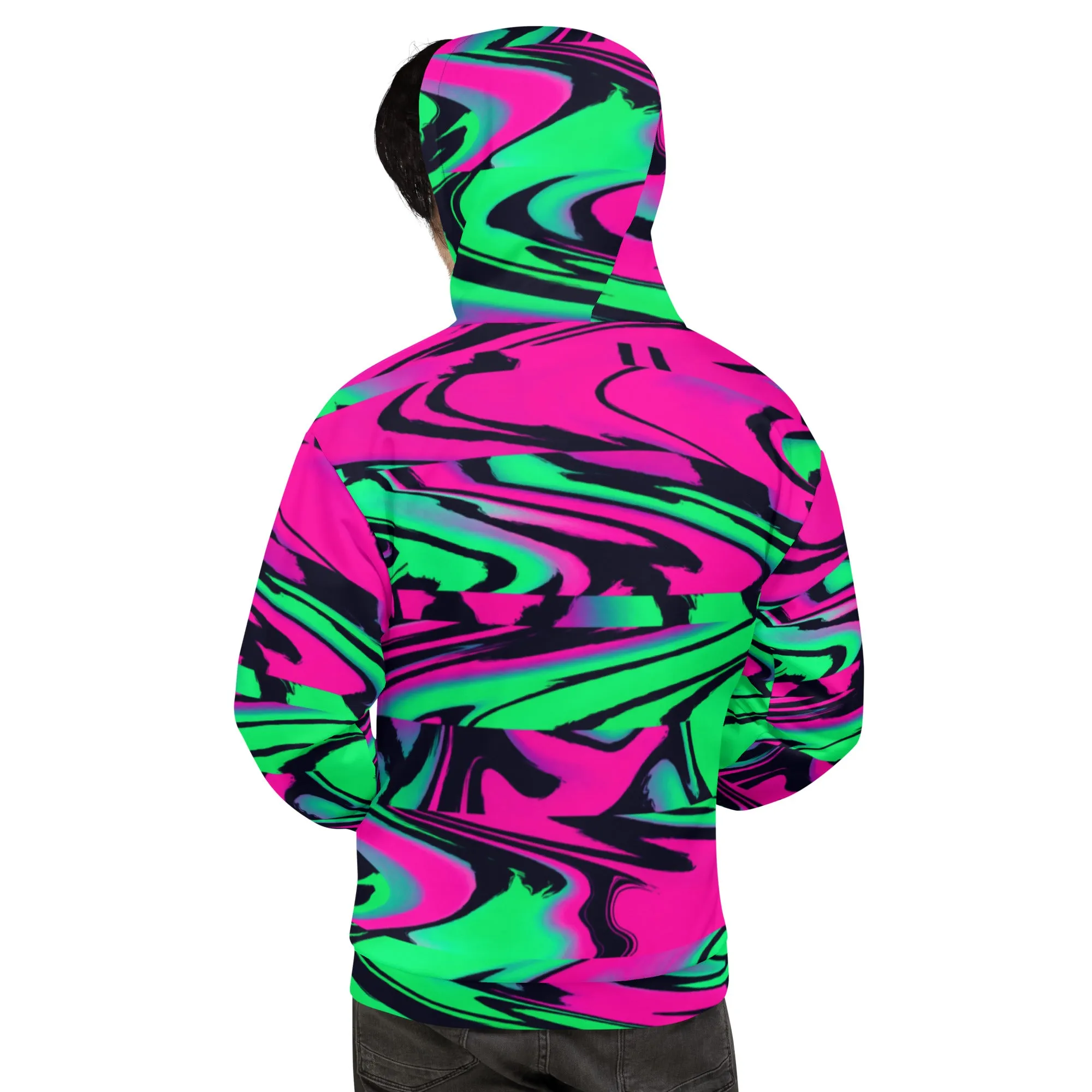 80s Pink and Green Wave Glitch Pullover Hoodie