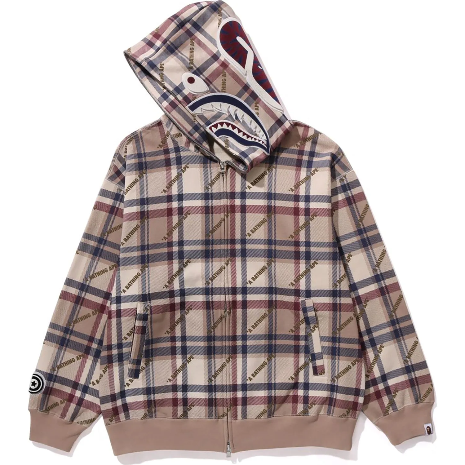 A BATHING APE LOGO CHECK PATTERN SHARK FULL ZIP HOODIE MENS