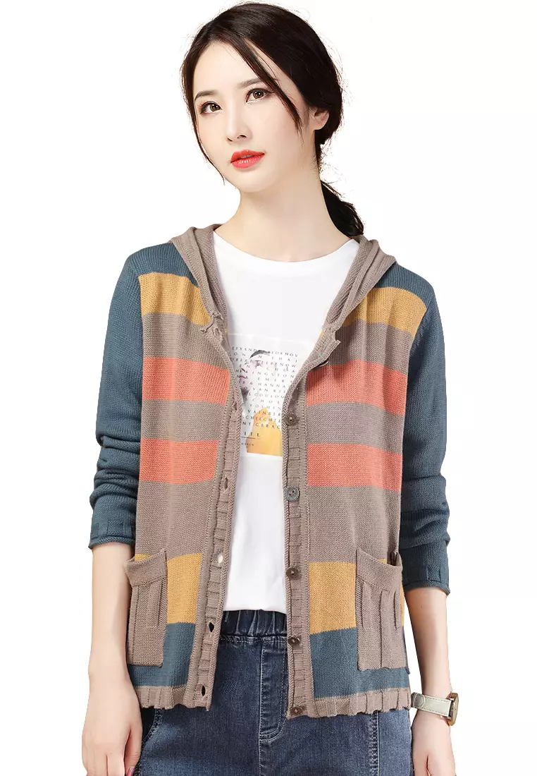 A-IN GIRLS Colorblock Striped Hooded Knitted Jacket