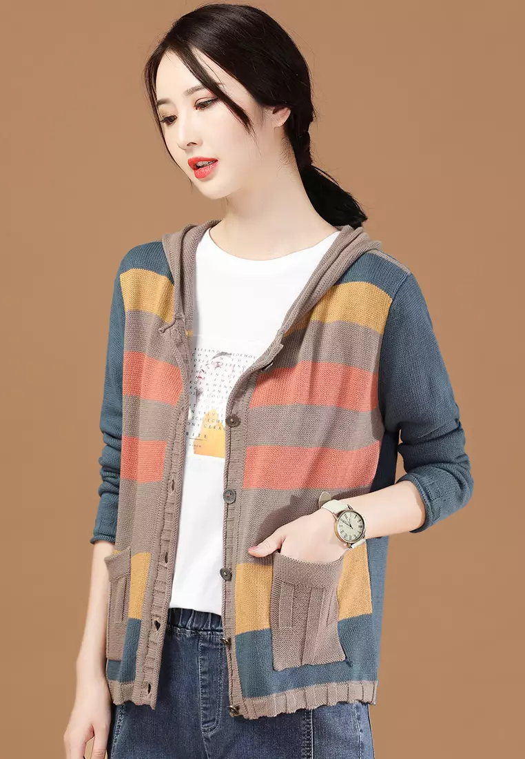 A-IN GIRLS Colorblock Striped Hooded Knitted Jacket