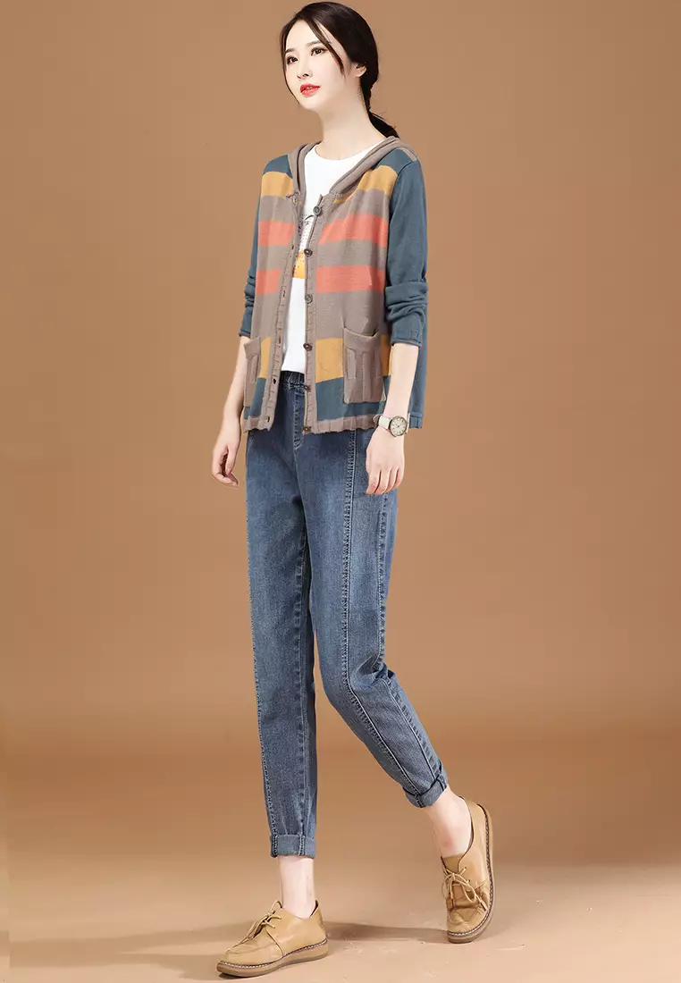 A-IN GIRLS Colorblock Striped Hooded Knitted Jacket