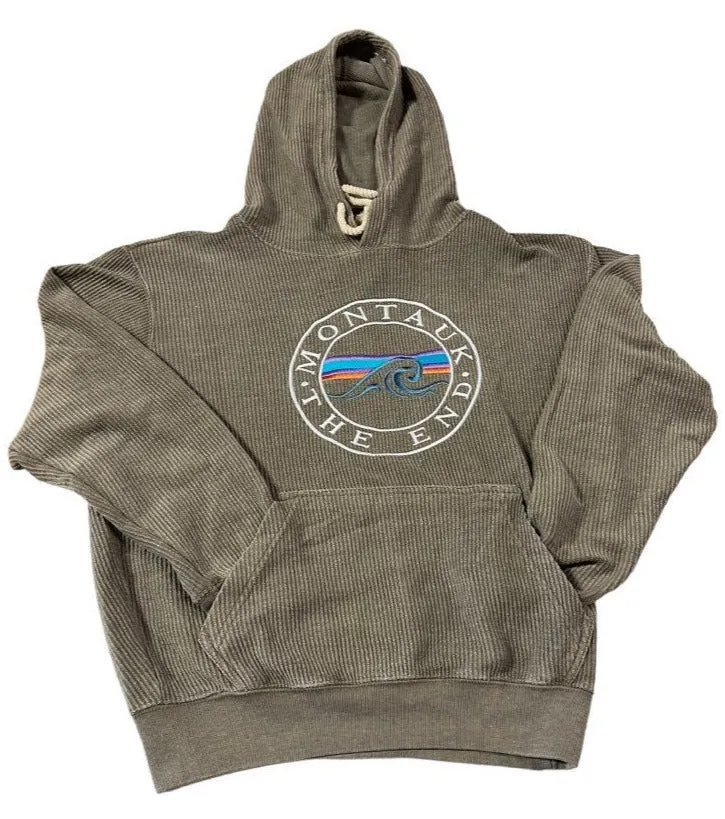 Adult Montauk The End Wave Full Chest Embroidered Logo Baja Pullover Hoodie in Sage