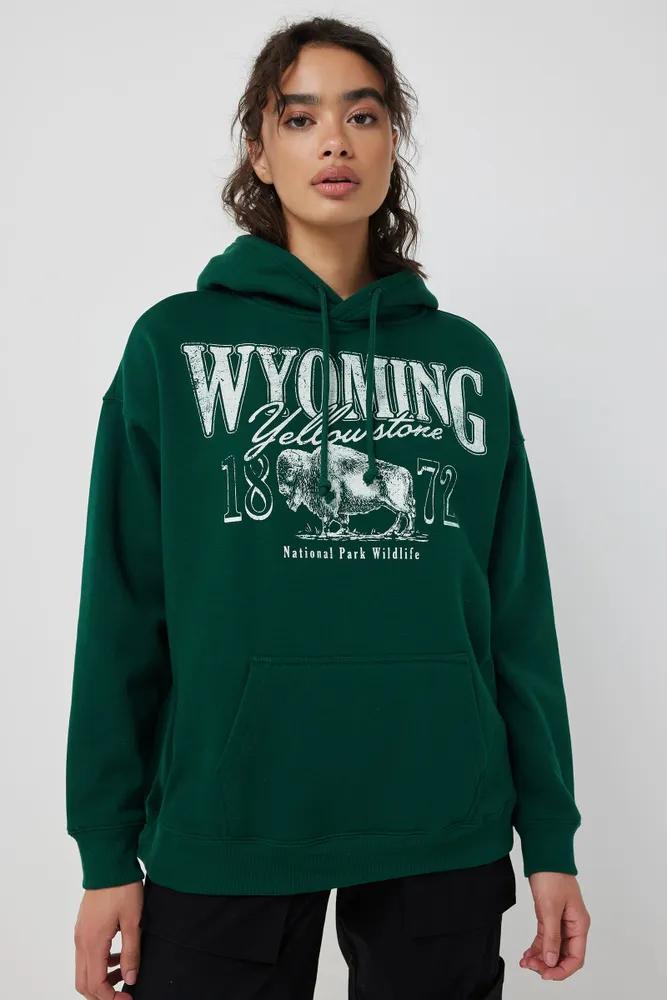 Ardene Ardene Mountain Destination Hoodie in Dark Green | Size | Polyester/Cotton | Fleece-Lined