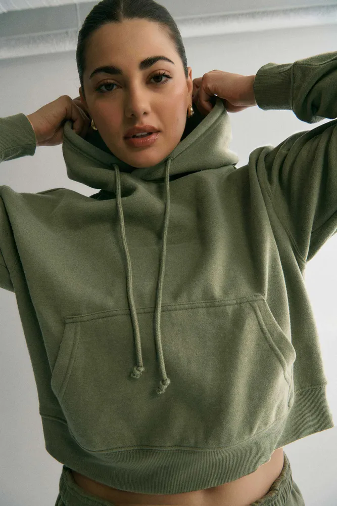 Ardene Ardene Solid Short Hoodie in Khaki | Size | Polyester/Cotton | Fleece-Lined | Eco-Conscious