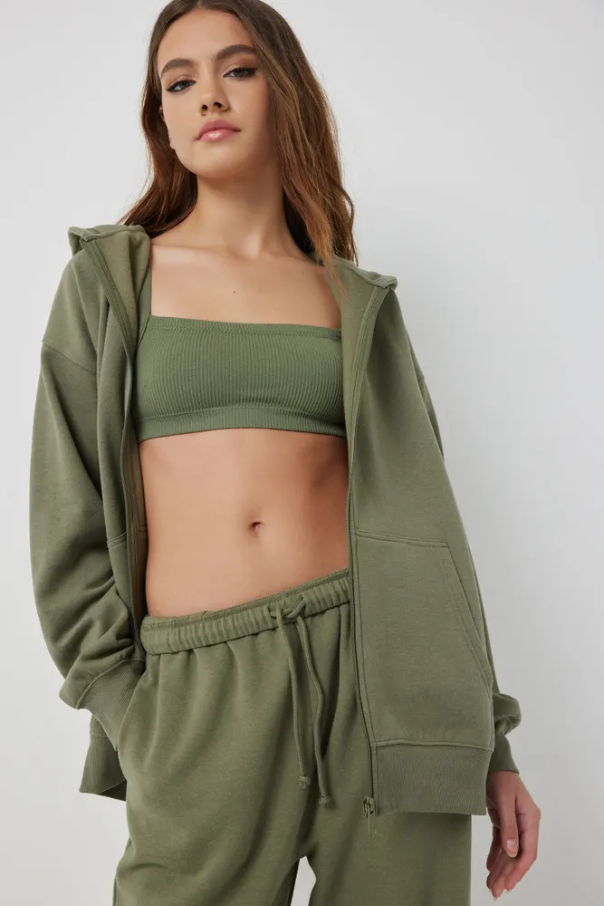 Ardene Ardene Solid Zip-Up Hoodie in Khaki | Size | Polyester/Cotton | Fleece-Lined | Eco-Conscious