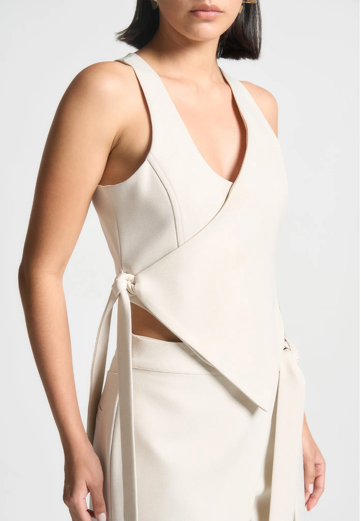 Asymmetric Tailored Waistcoat with Tie - Light Beige