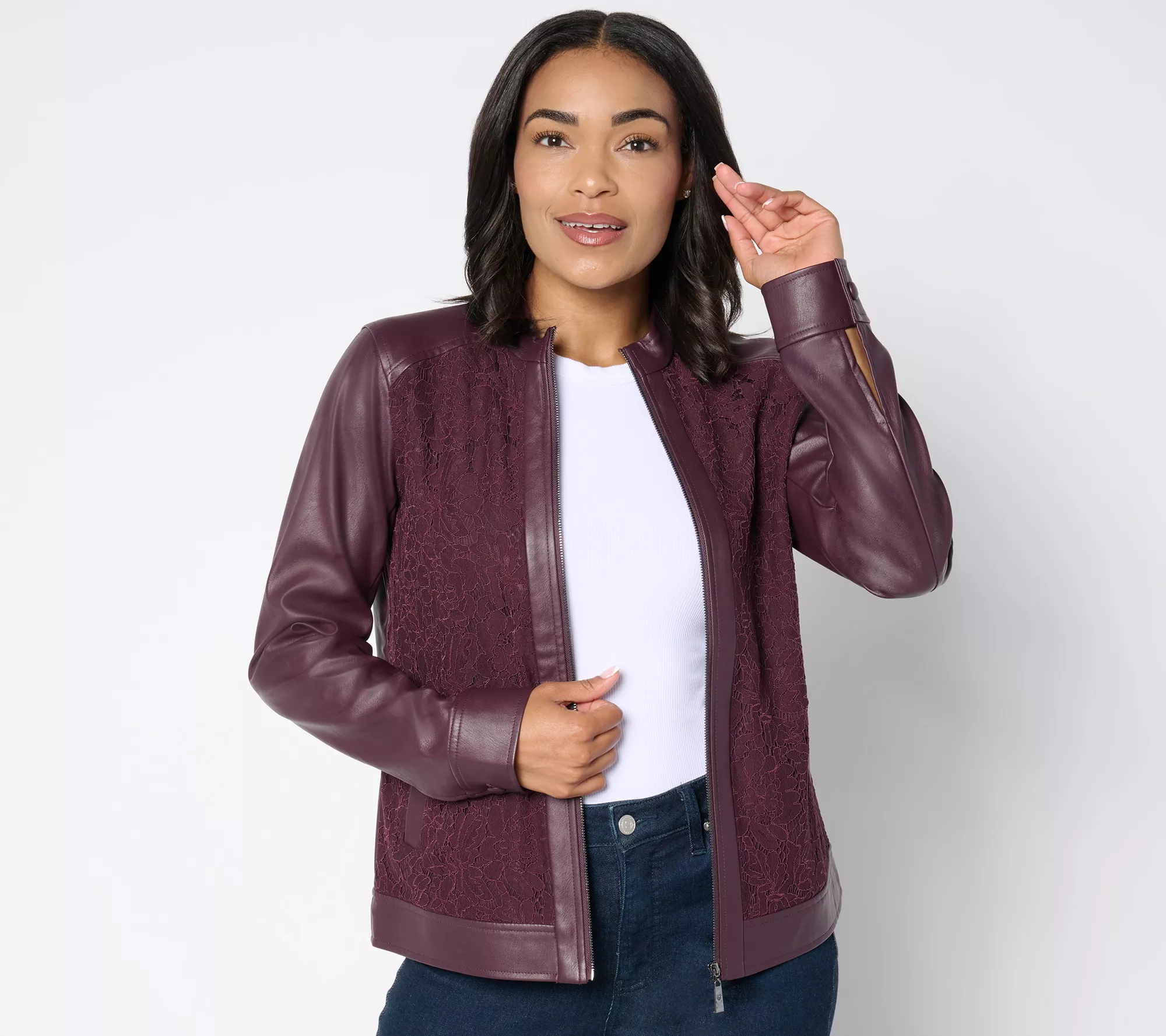 Belle by Kim Gravel Faux Leather & Lace Zip-Up Jacket