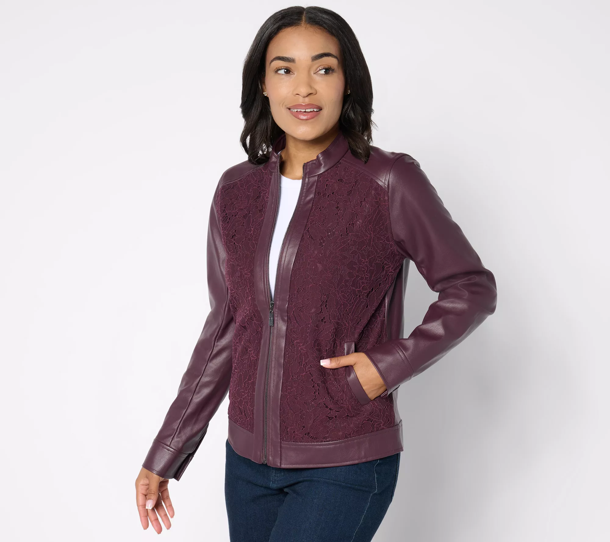 Belle by Kim Gravel Faux Leather & Lace Zip-Up Jacket