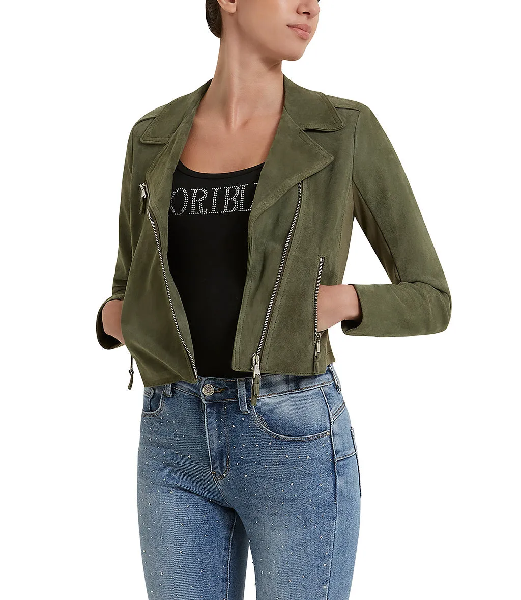 Biker style natural color suede jacket