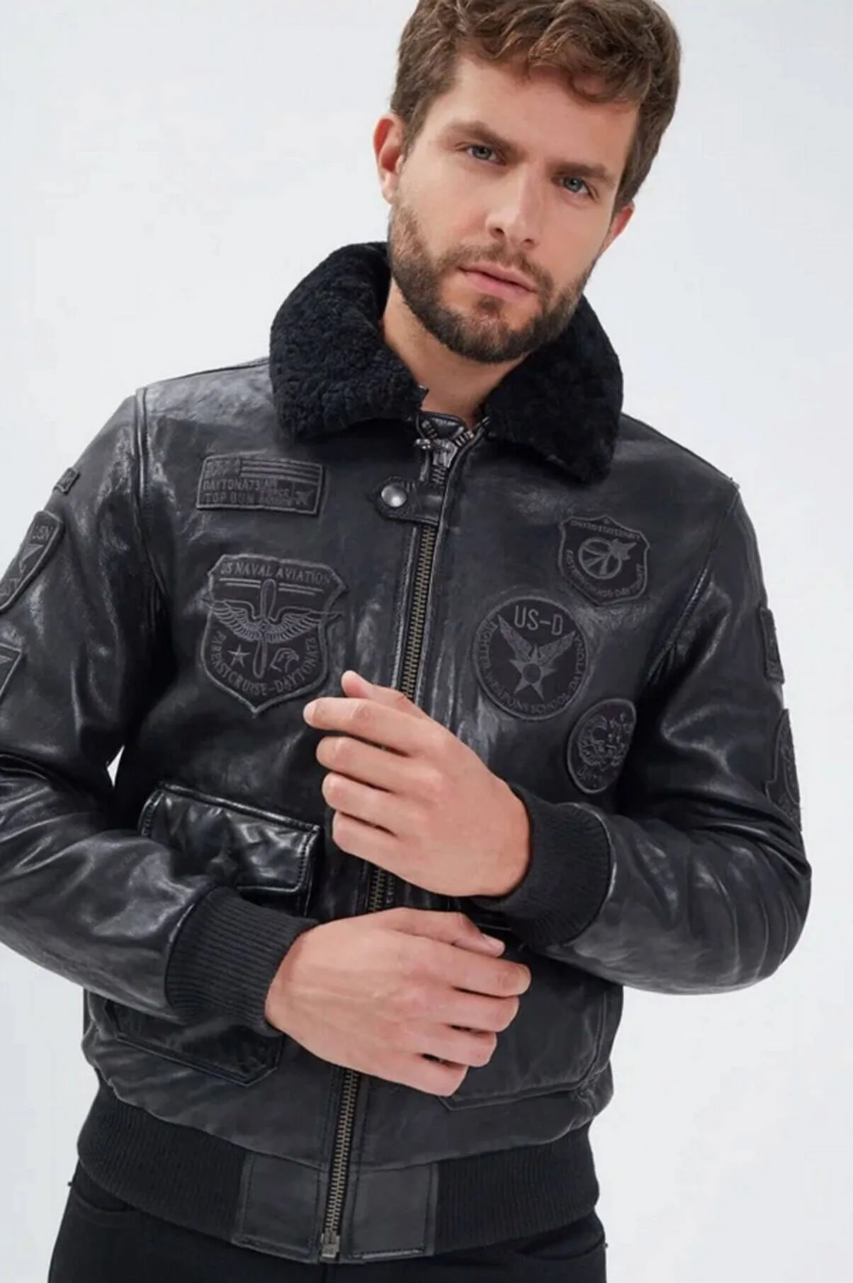 Black / black men's leather jacket mythic aviator style