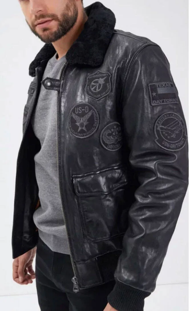 Black / black men's leather jacket mythic aviator style