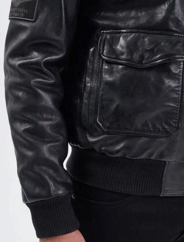 Black / black men's leather jacket mythic aviator style