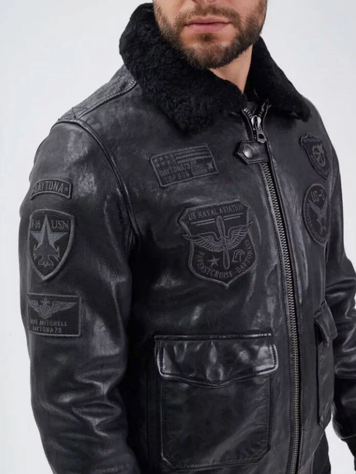 Black / black men's leather jacket mythic aviator style