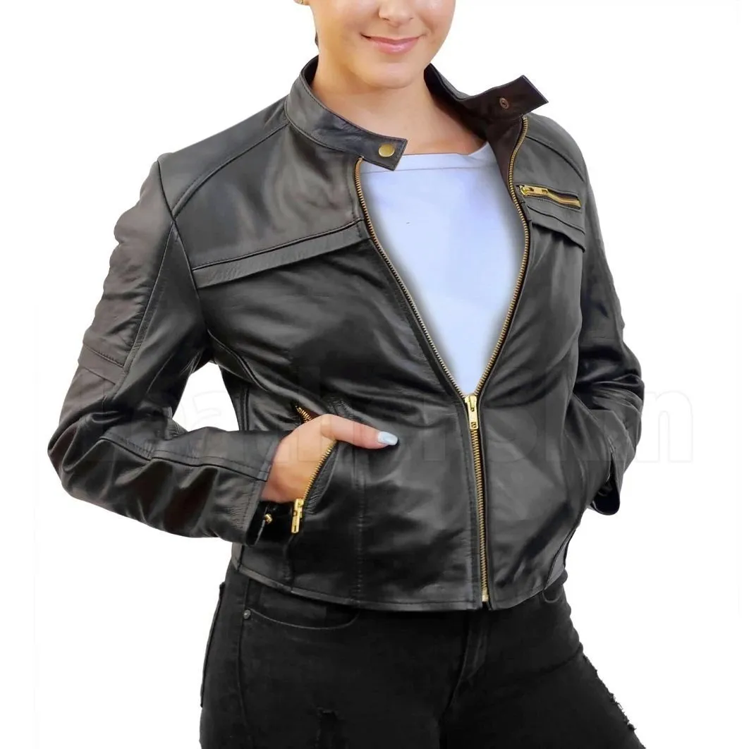 Black Biker Leather Jacket with Gold Zippers for Women - Leather Skin Shop