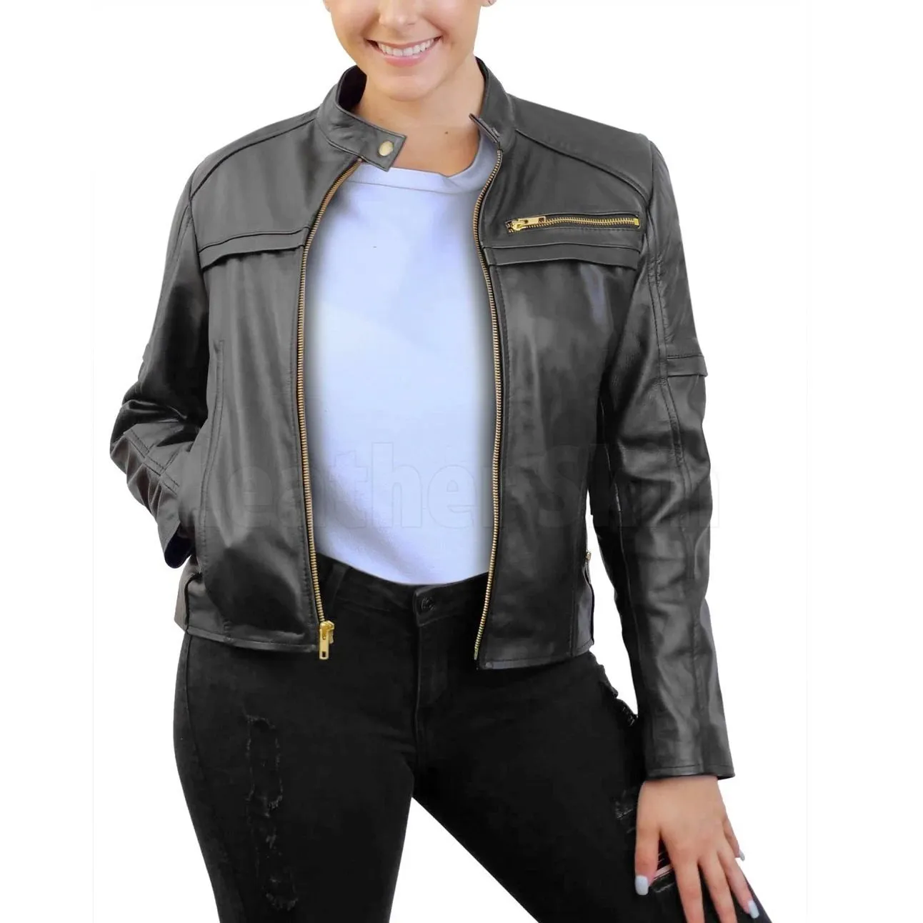 Black Biker Leather Jacket with Gold Zippers for Women - Leather Skin Shop