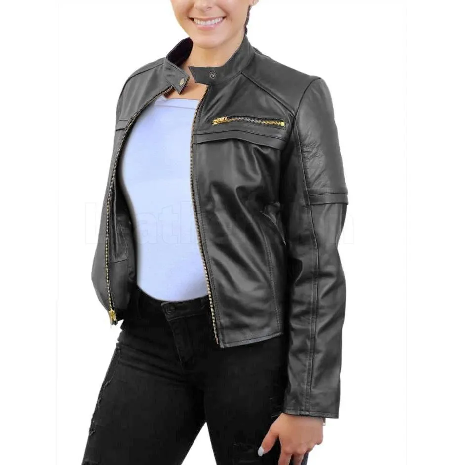 Black Biker Leather Jacket with Gold Zippers for Women - Leather Skin Shop