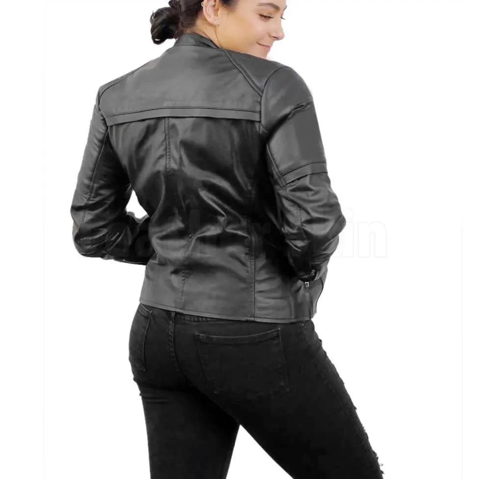 Black Biker Leather Jacket with Gold Zippers for Women - Leather Skin Shop