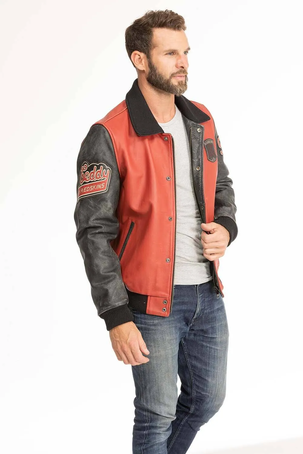 Black redskins red/black teddy collar leather jacket “skateboard”