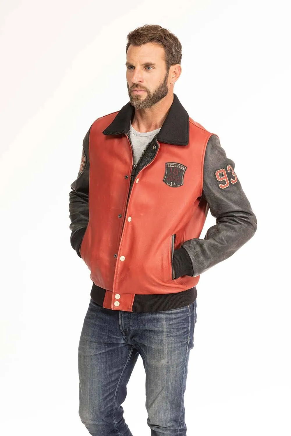 Black redskins red/black teddy collar leather jacket “skateboard”