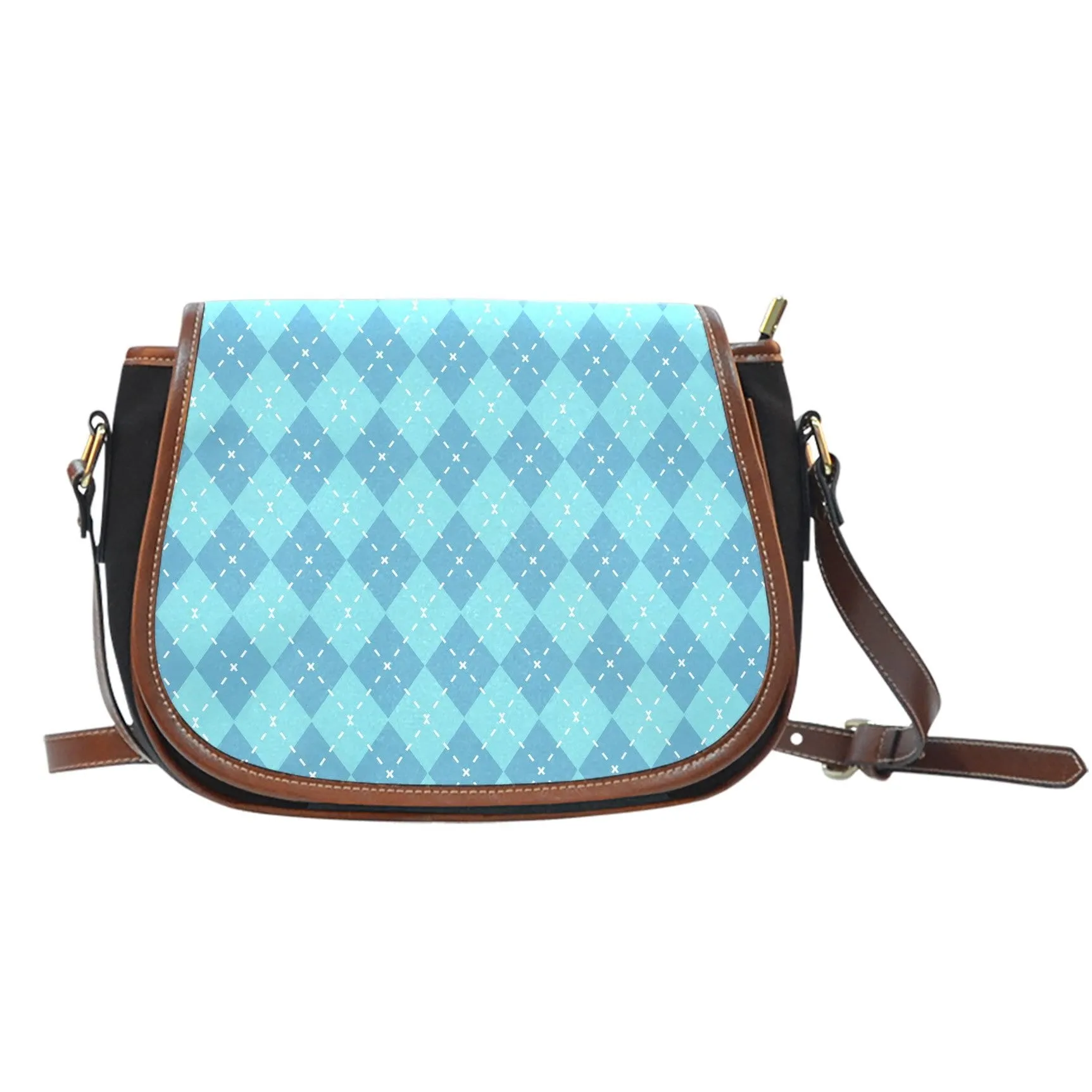 Blue Argyle Black Canvas Leather Trim Saddle Bag