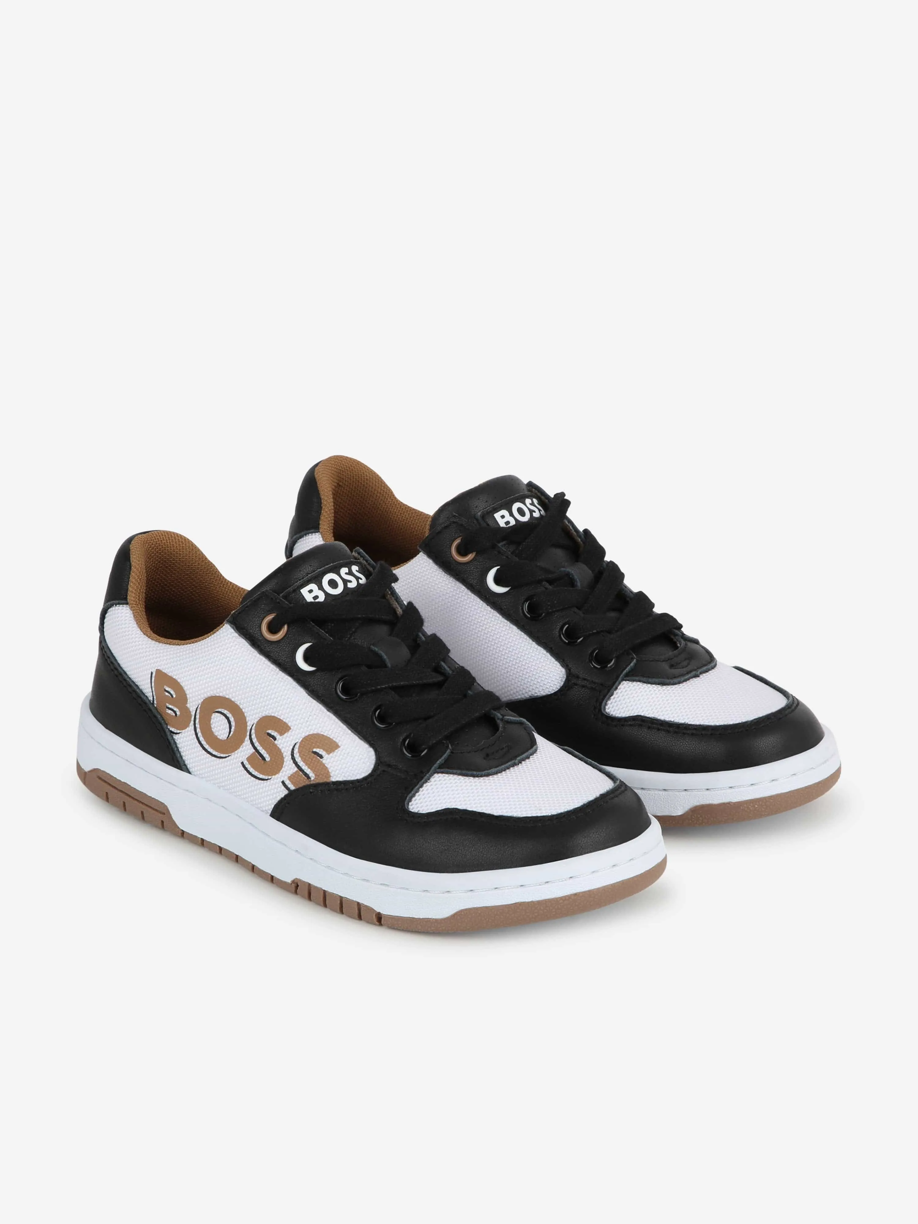 BOSS Boys Leather Logo Trainers in Black