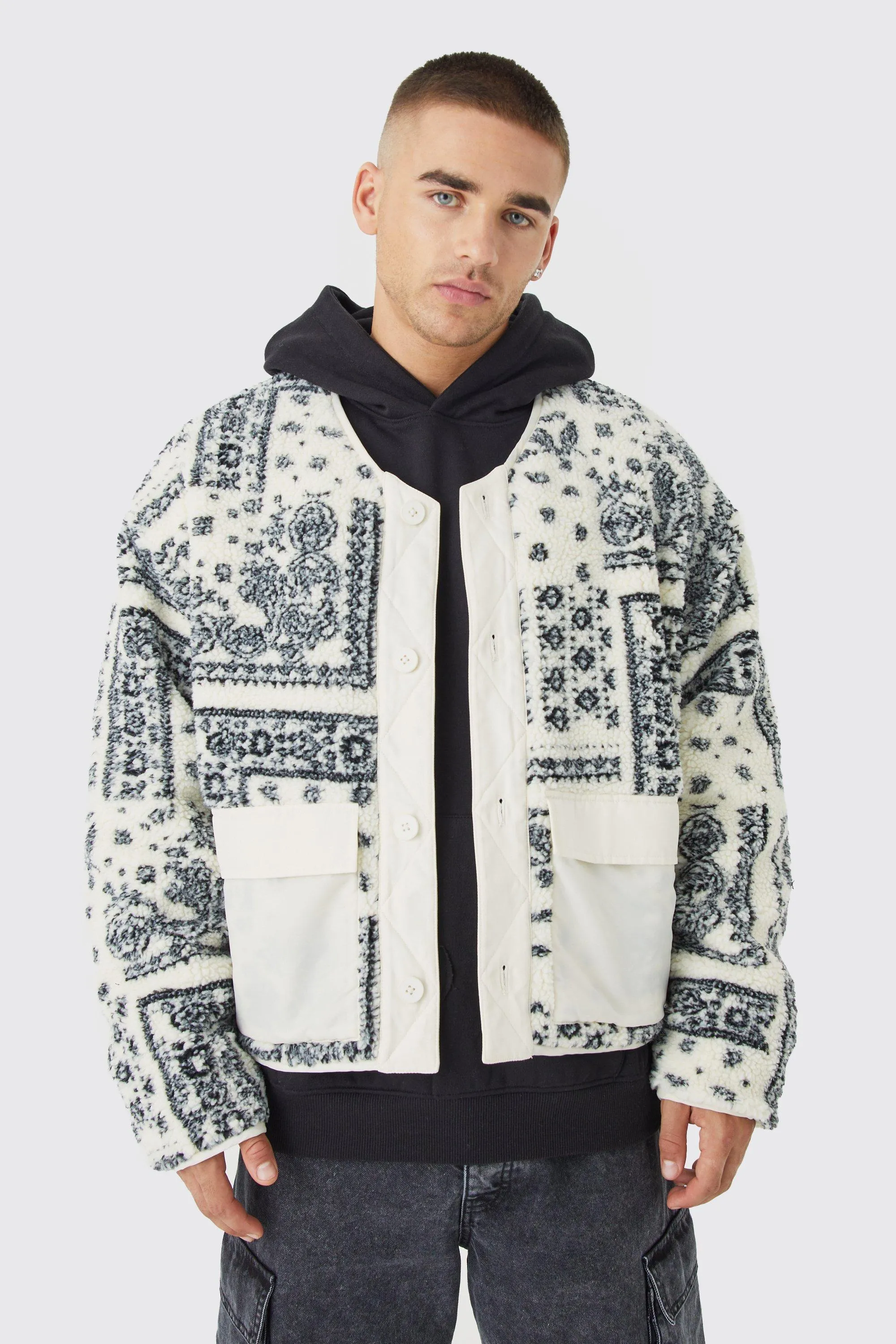 Boxy Bandana Print Borg & Nylon Bomber