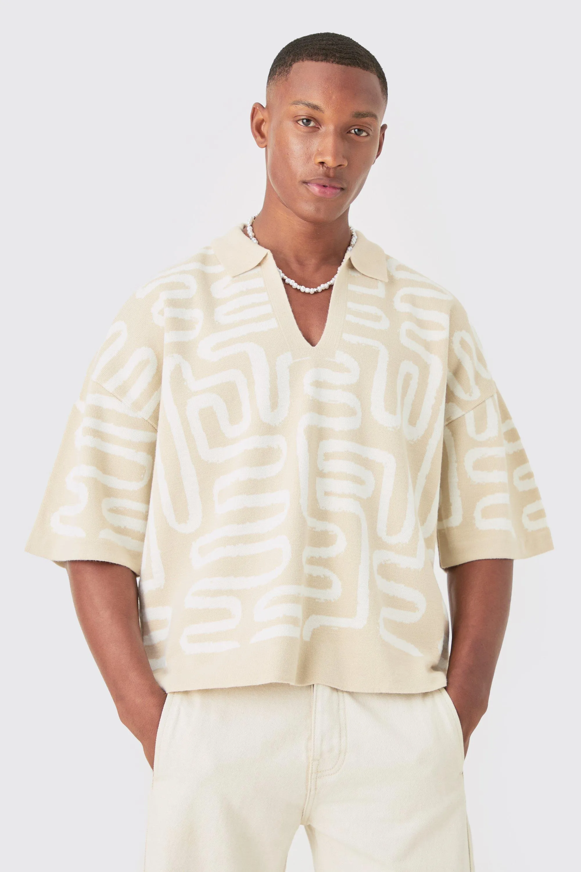 Boxy Oversized Abstract Knit Polo