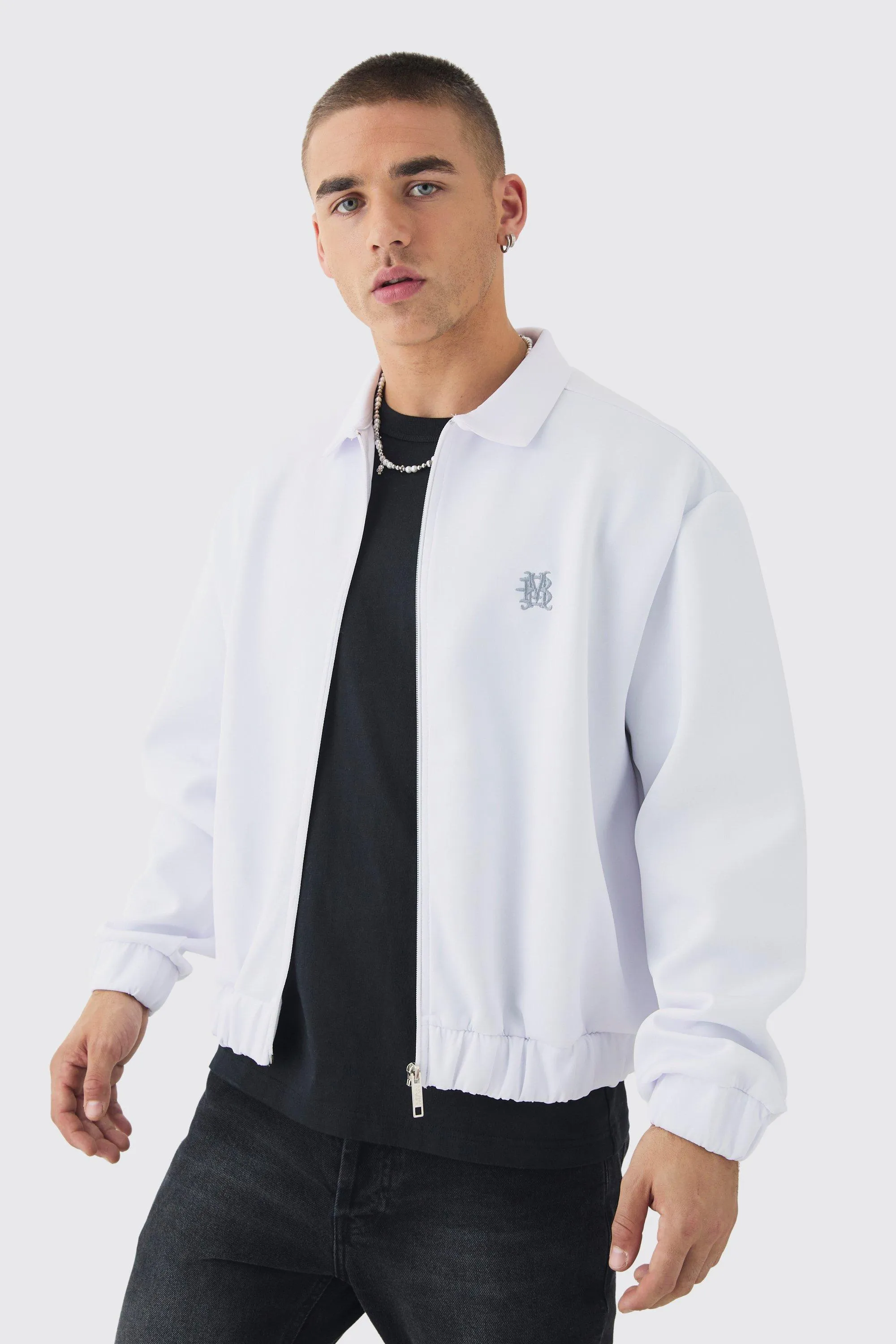 Boxy Scuba Zip Through Embroidered Jacket | boohooMAN UK