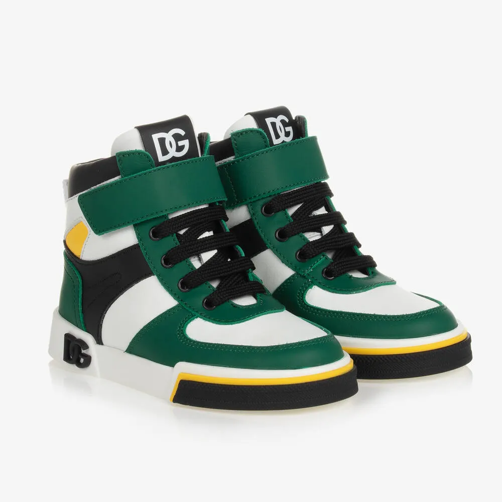 Boys Green Leather High-Top Trainers