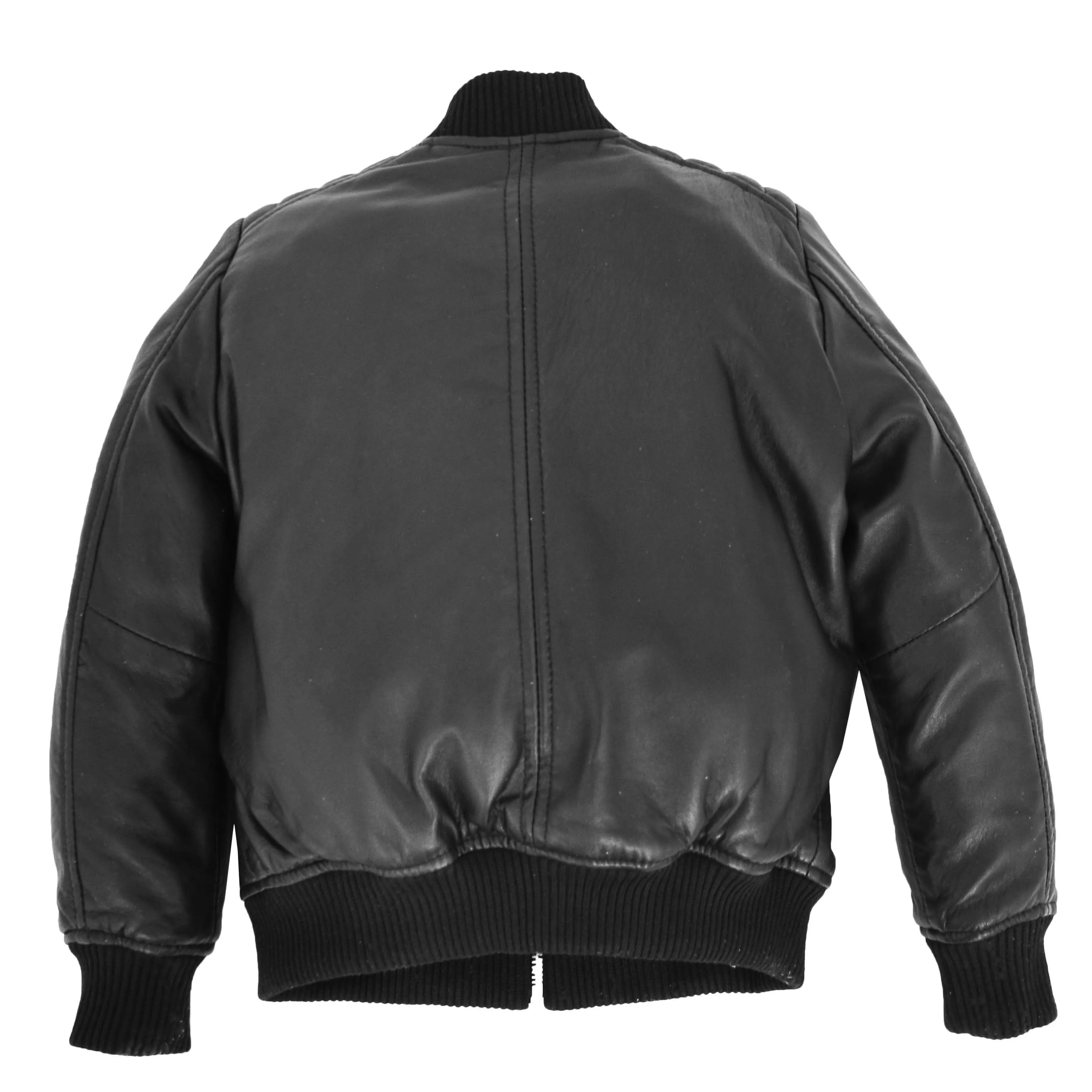 Boys Real Leather Bomber Varsity Style Jacket Lucas Black