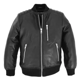 Boys Real Leather Bomber Varsity Style Jacket Lucas Black