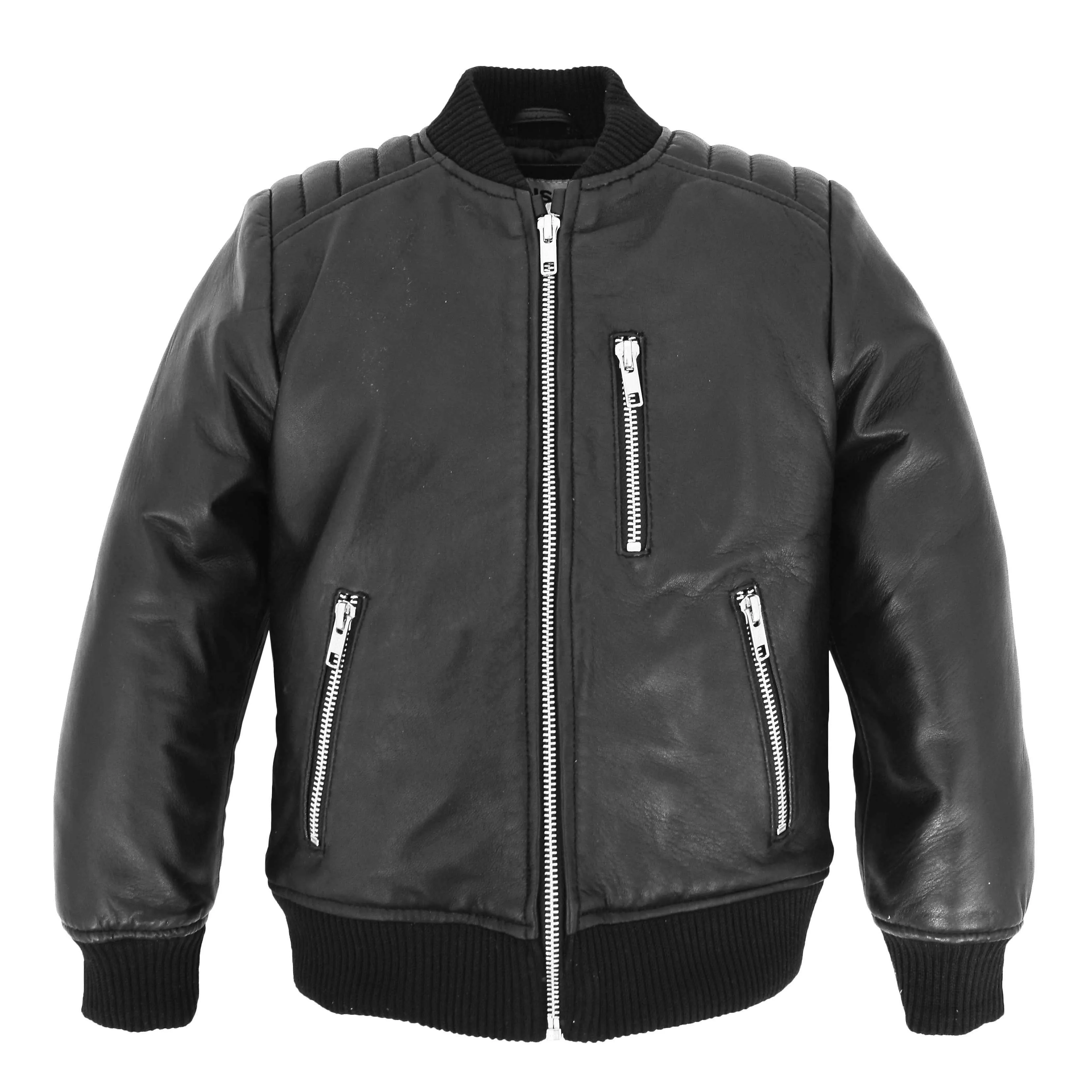 Boys Real Leather Bomber Varsity Style Jacket Lucas Black