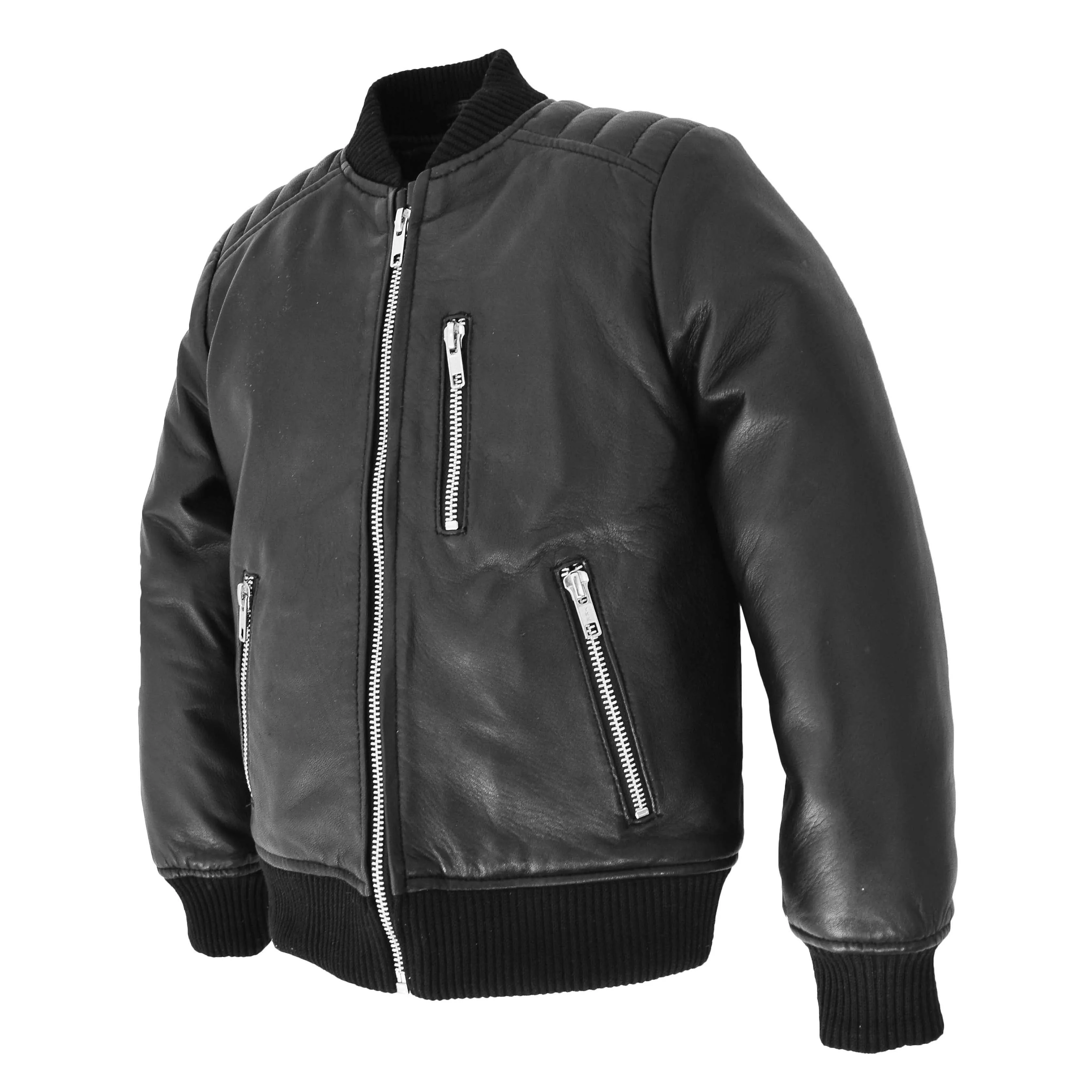 Boys Real Leather Bomber Varsity Style Jacket Lucas Black