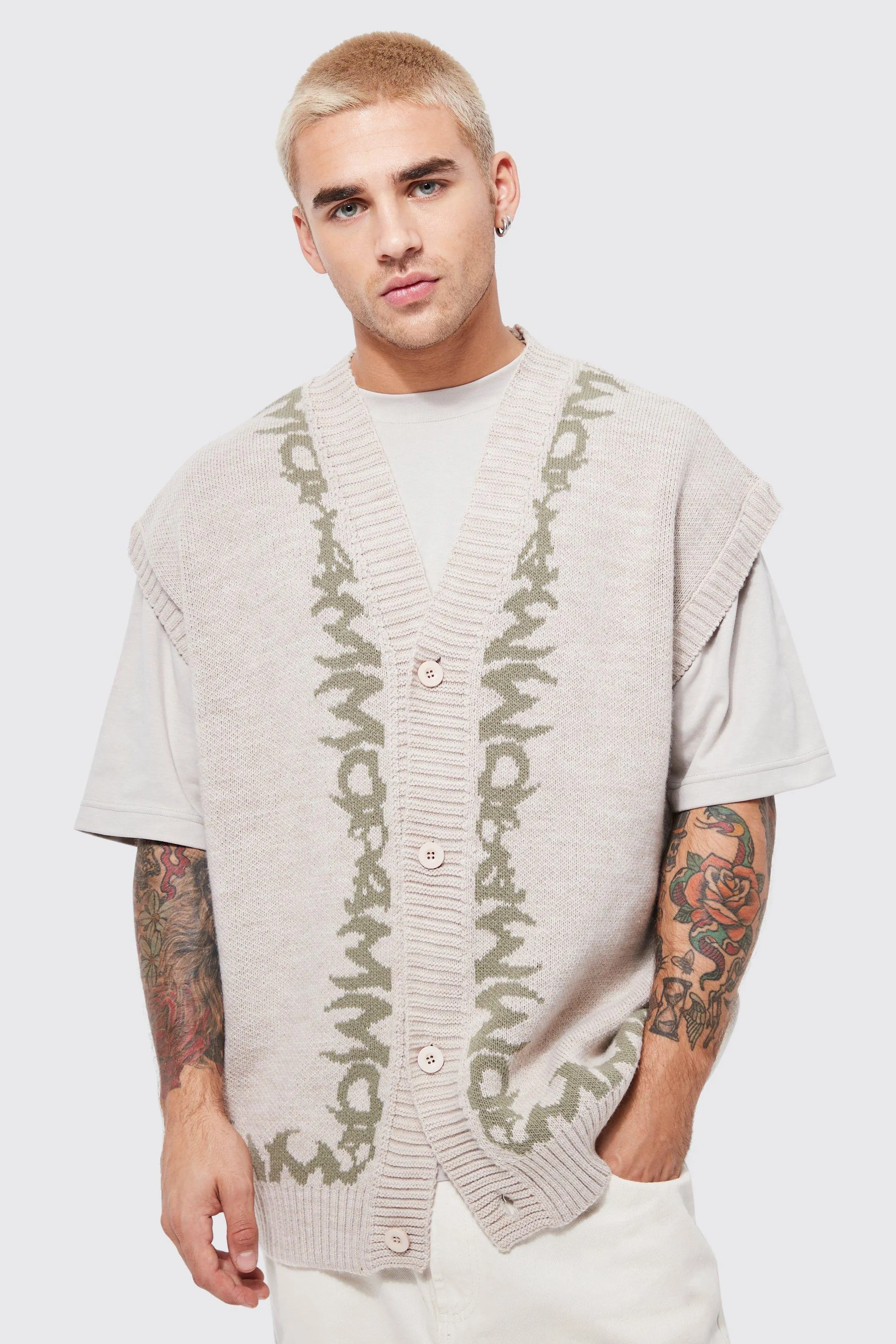 Button Up Border Knitted Vest | boohooMAN UK