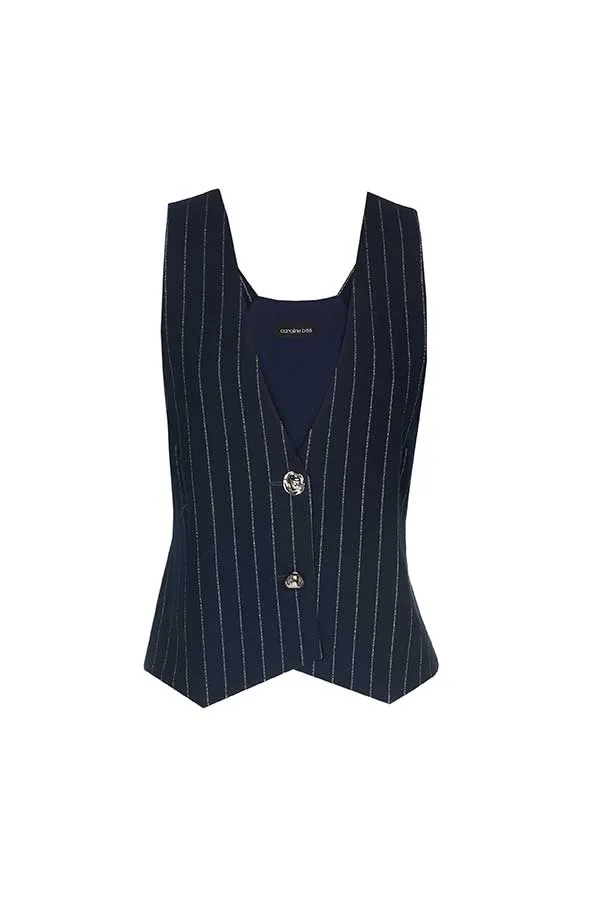 Caroline Biss NAVY STRIPED STRETCH WAISTCOAT