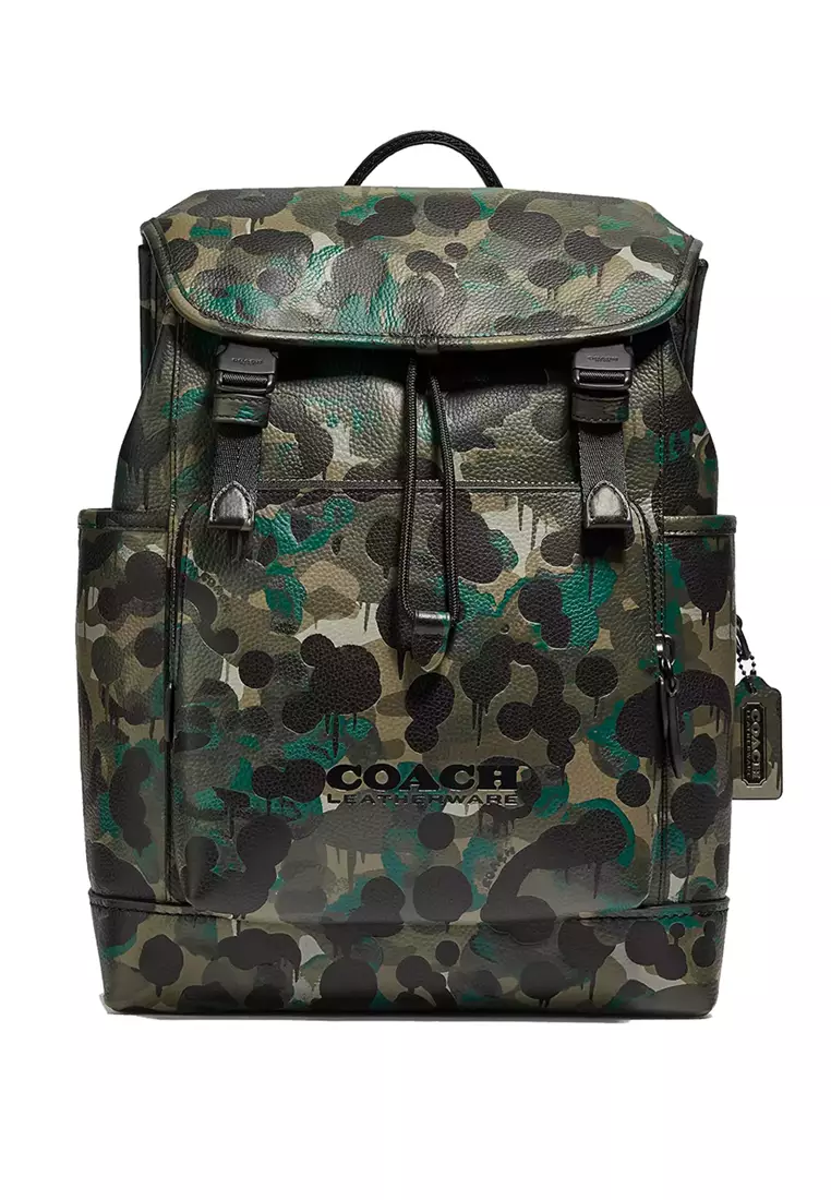 Coach COACH League Flap Backpack With Camo Print Matte Black/Green C5288