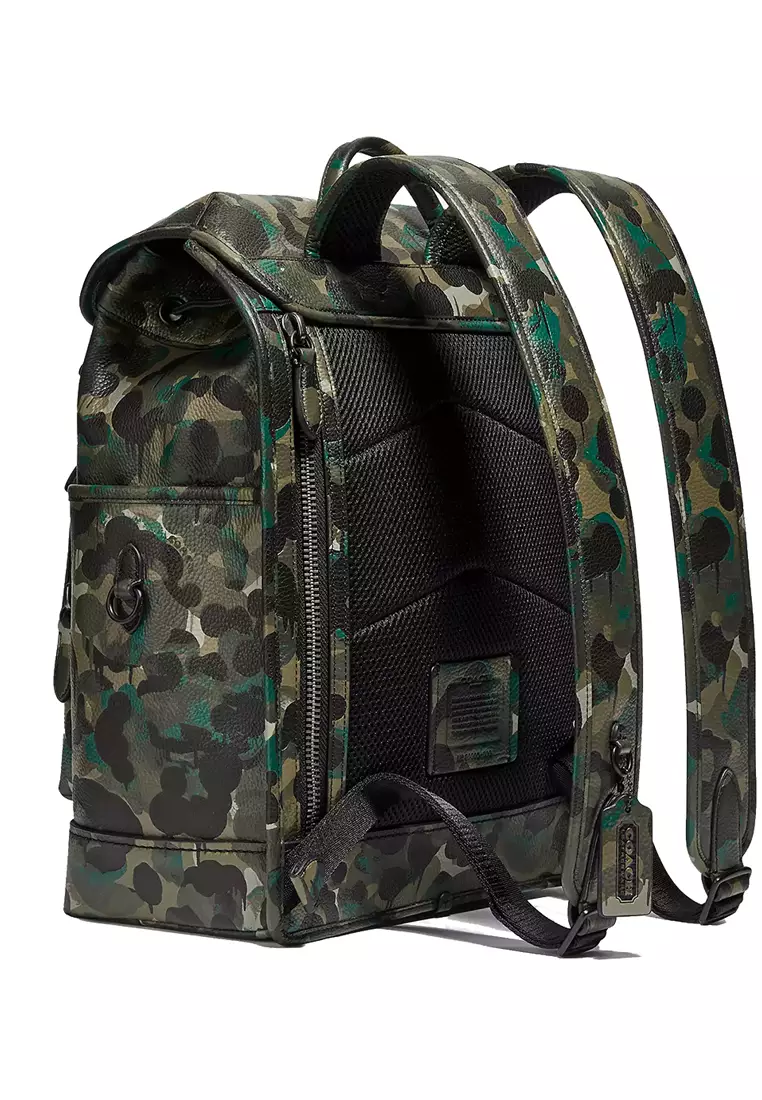 Coach COACH League Flap Backpack With Camo Print Matte Black/Green C5288