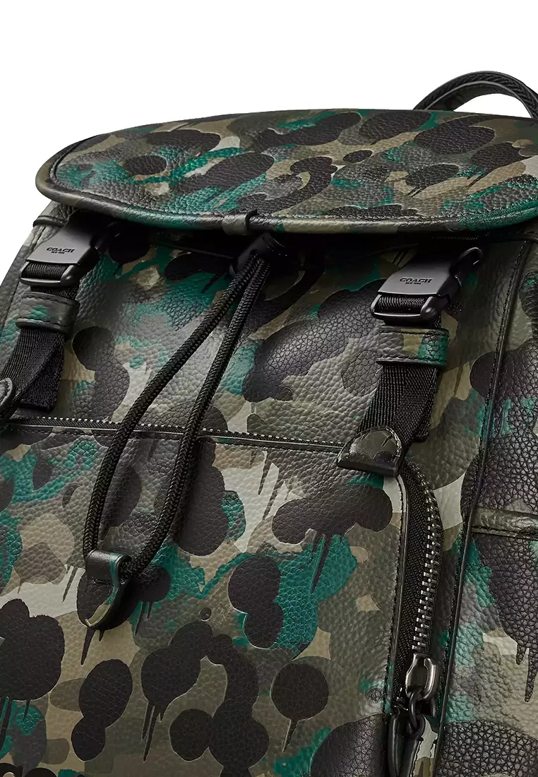 Coach COACH League Flap Backpack With Camo Print Matte Black/Green C5288