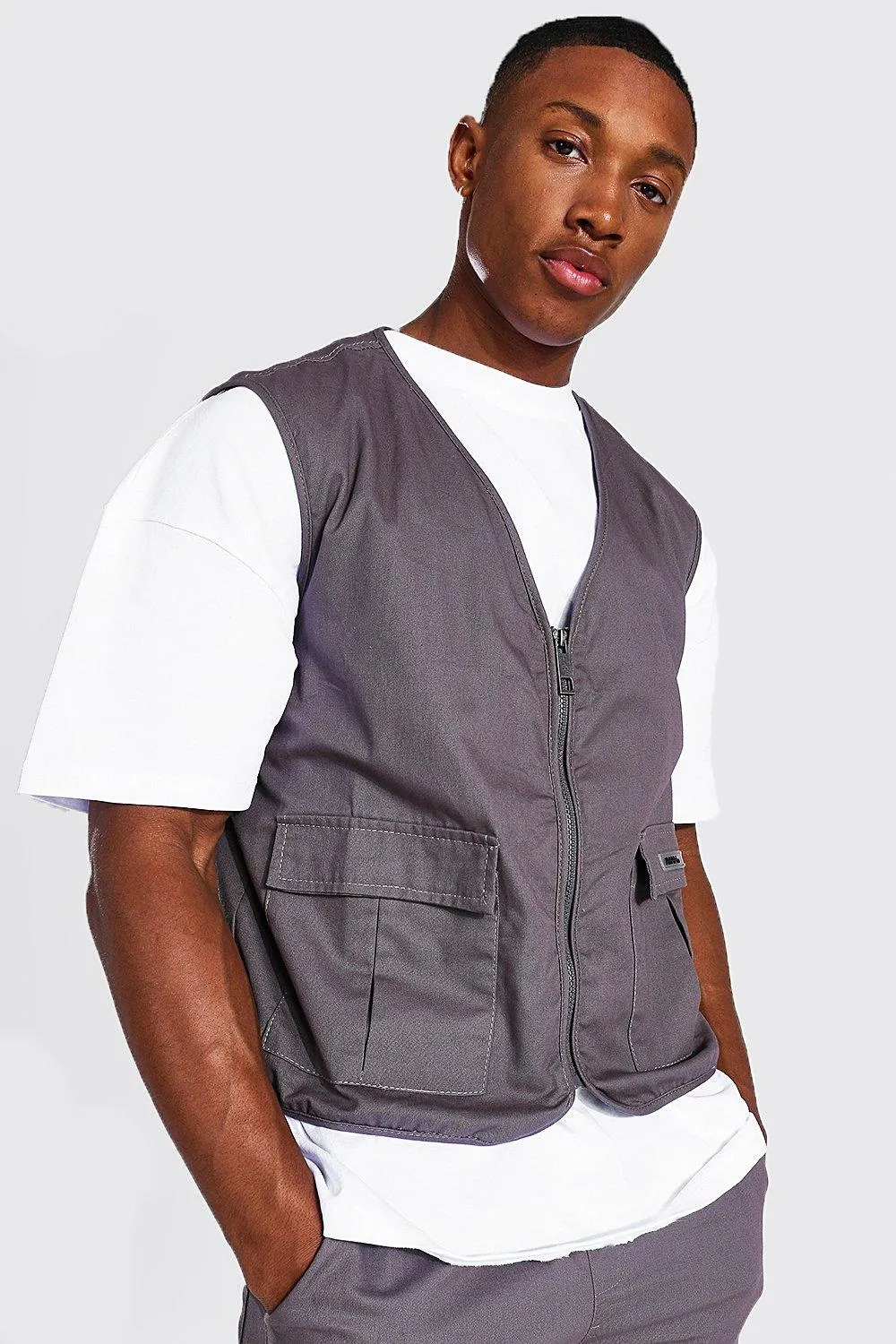 Cotton Twill Utility Vest | boohooMAN UK