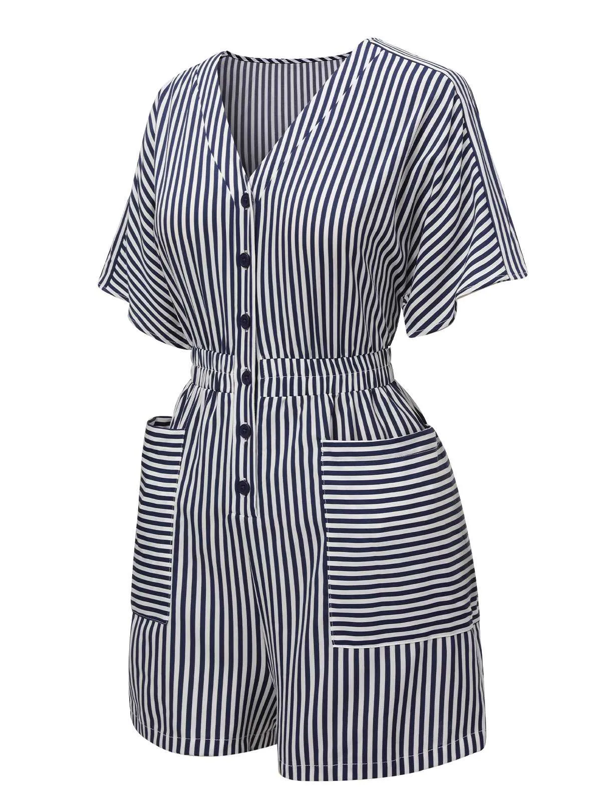 Dark Blue 1950s V-Neck Pockets Stripes Romper