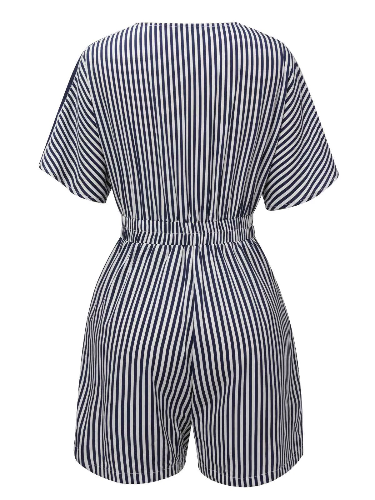 Dark Blue 1950s V-Neck Pockets Stripes Romper