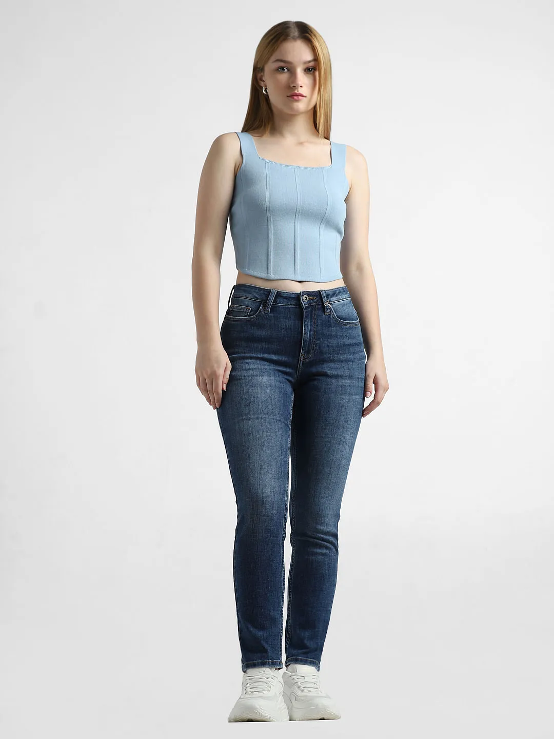 Dark Blue Mid Rise Cropped Straight Fit Jeans