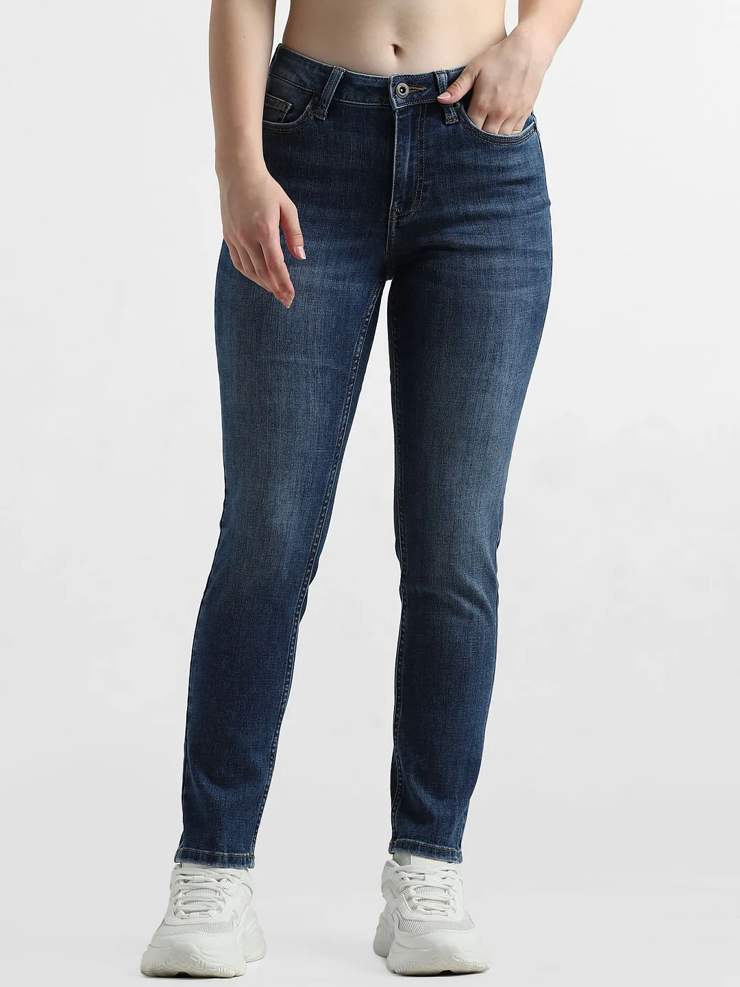 Dark Blue Mid Rise Cropped Straight Fit Jeans