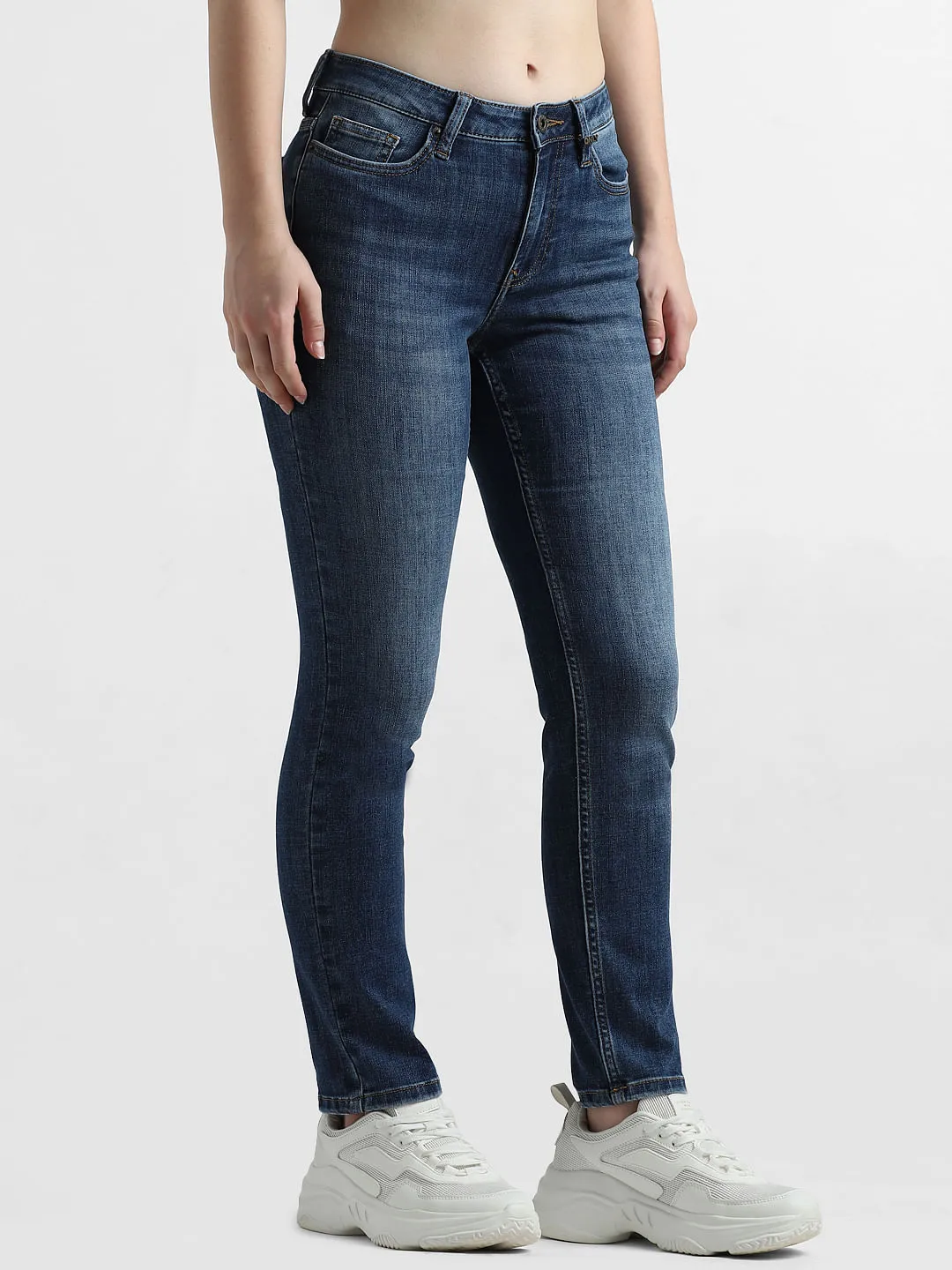 Dark Blue Mid Rise Cropped Straight Fit Jeans