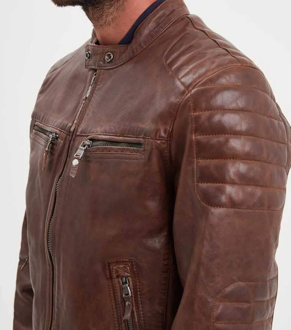 Dark cognac men's leather jacket cruces motorcycle style