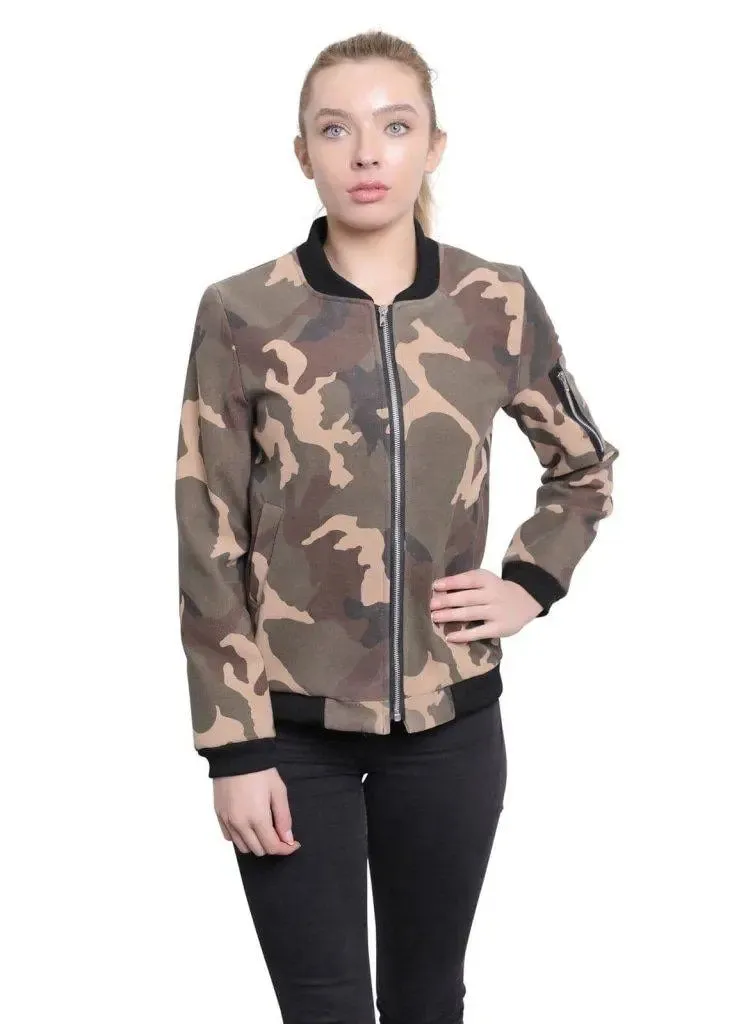 De La Creme - Womens Camo Zip-Thru Varsity Bomber Jacket