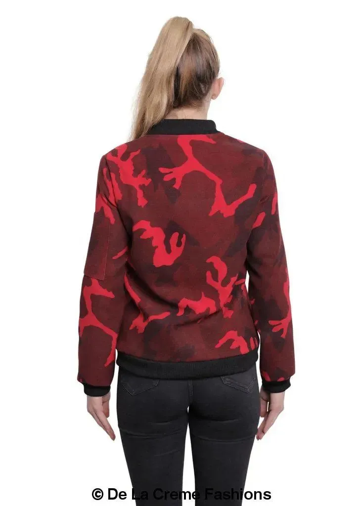 De La Creme - Womens Camo Zip-Thru Varsity Bomber Jacket