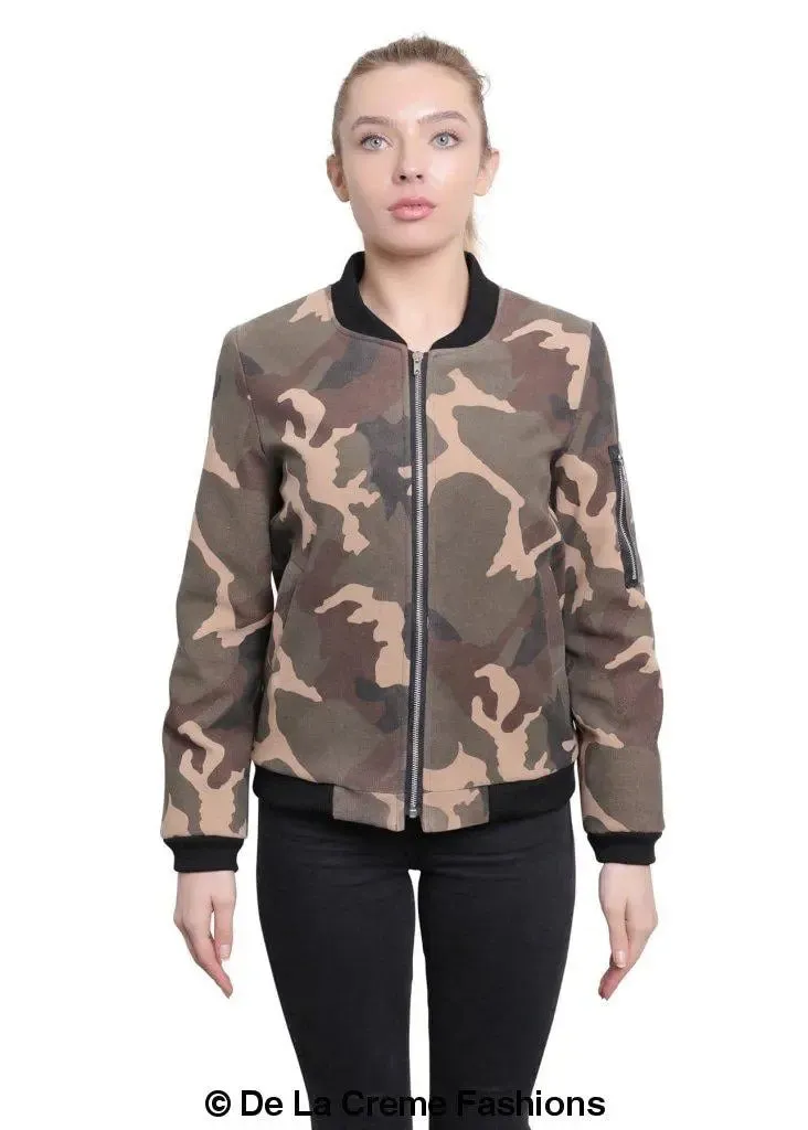 De La Creme - Womens Camo Zip-Thru Varsity Bomber Jacket