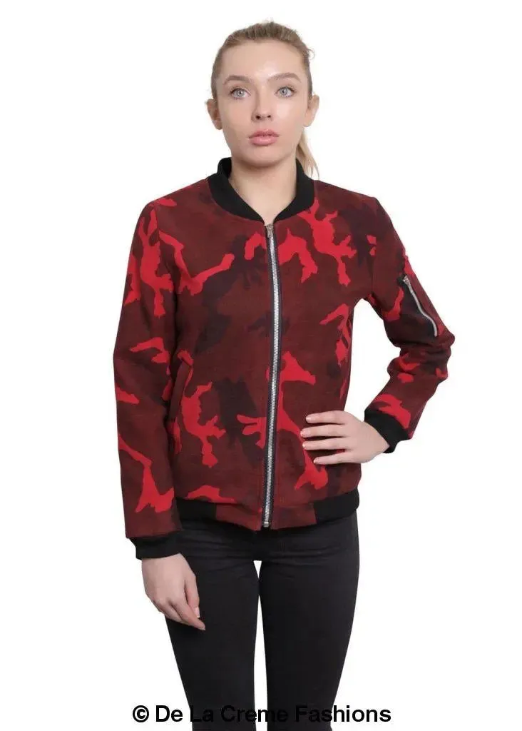 De La Creme - Womens Camo Zip-Thru Varsity Bomber Jacket